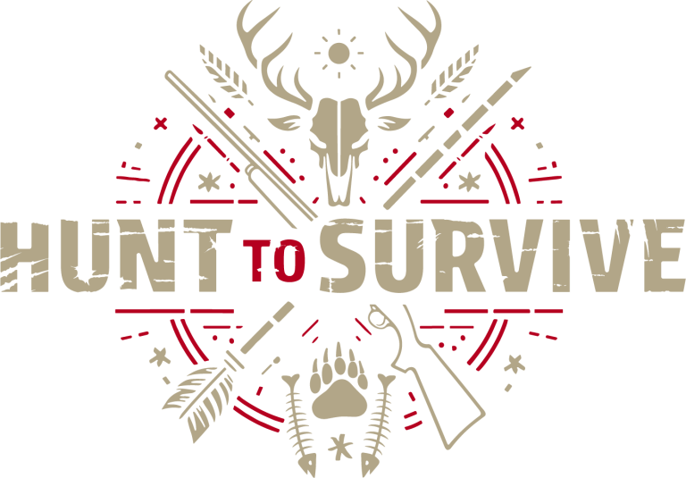 Referenz Hunt to Survive Logo mit dem Text "HUNT TO SURVIVE", umgeben von Jagdsymbolen und einer Tierstatue.